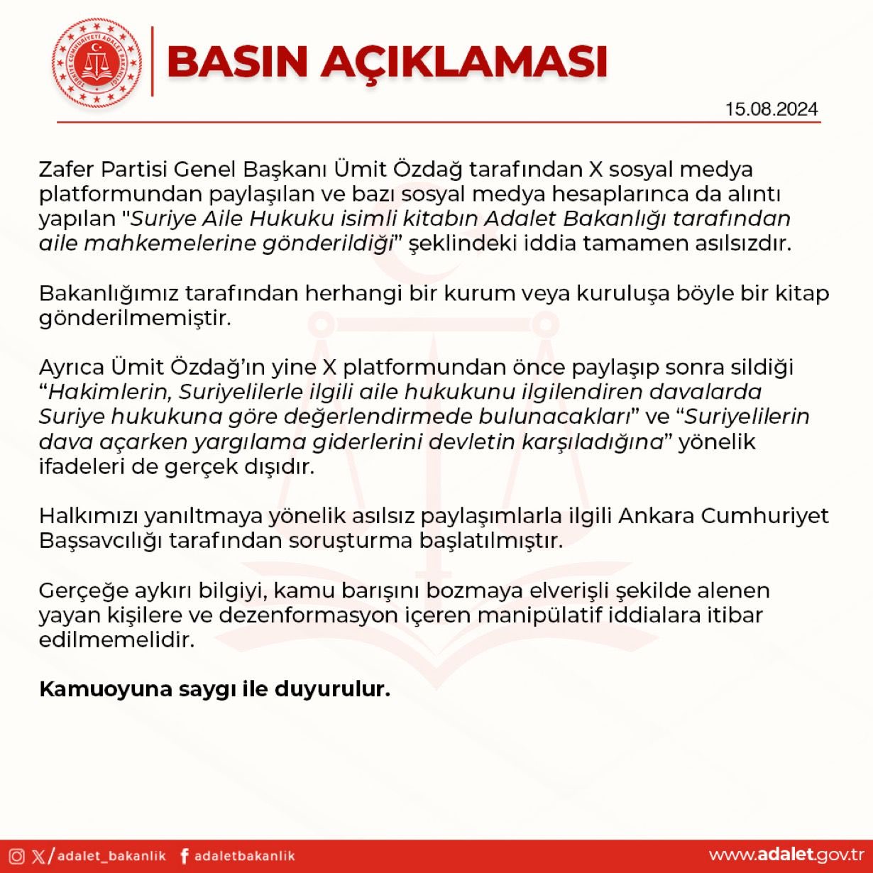 Adalet Bakanlığı’ndan Ümit Özdağ’a Sert Tepki: “Asılsız İddialarla Kamuoyunu Yanıltmayın!”