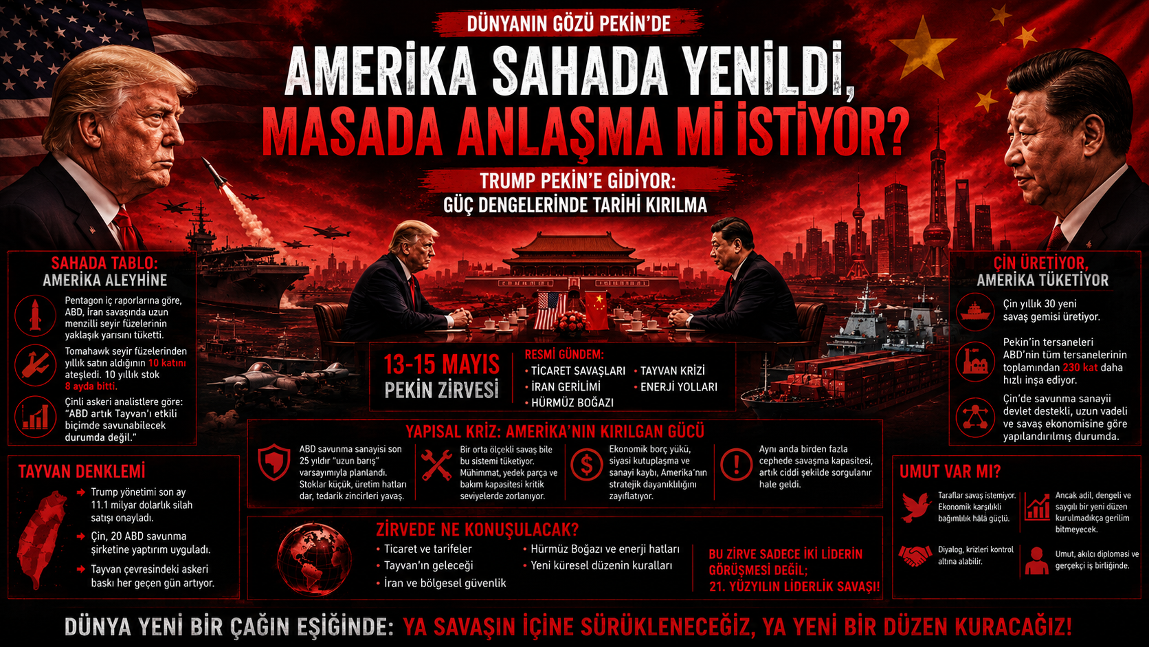“AMERİKA SAHADA YENİLDİ, ŞİMDİ MASADA ANLAŞMA MI ARIYOR?”TRUMP’IN PEKİN ZİYARETİ KÜRESEL GÜÇ DENGESİ TARTIŞMALARINI ALEVLENDİRDİ